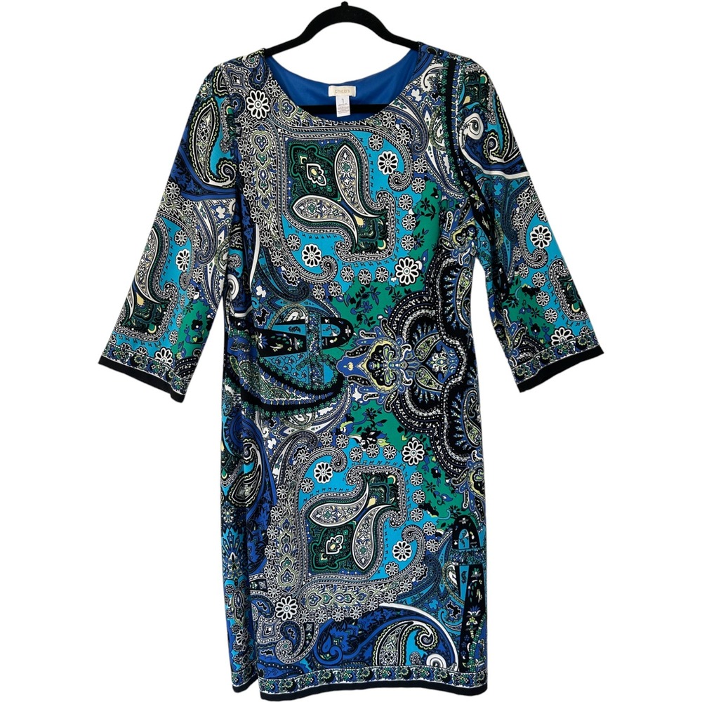 Chicos Blue Green Paisley Shift Dress 3/4 Sleeve Size 1 M 8 Scoop Neck Lined